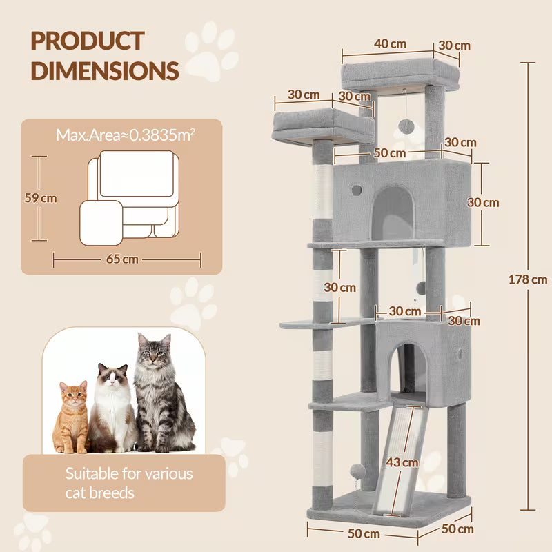 Dimensions de lâarbre Ă chat : hauteur de 178 cm, base de 50 Ă 50 cm et encombrement maximal de 65 Ă 59 cm.