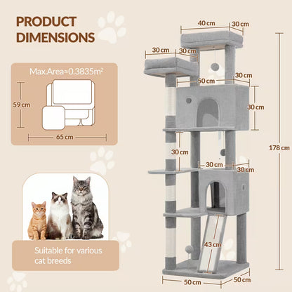 Dimensions de l’arbre à chat : hauteur de 178 cm, base de 50 × 50 cm et encombrement maximal de 65 × 59 cm.