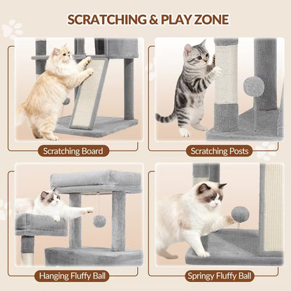 Chats utilisant la planche à gratter, un poteau à griffer, un pompon suspendu et une balle sur ressort de l’arbre à chat.