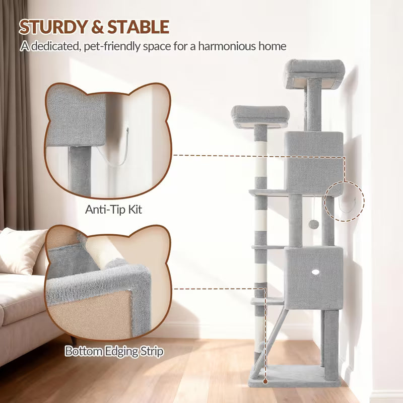 Vue arrière de l’arbre à chat gris clair avec détails de la fixation anti-basculement au mur et de la bordure de la base.