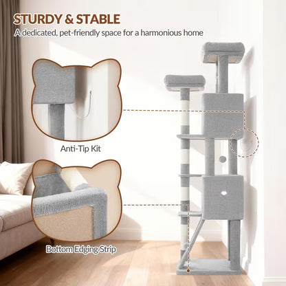 Vue arrière de l’arbre à chat gris clair avec détails de la fixation anti-basculement au mur et de la bordure de la base.