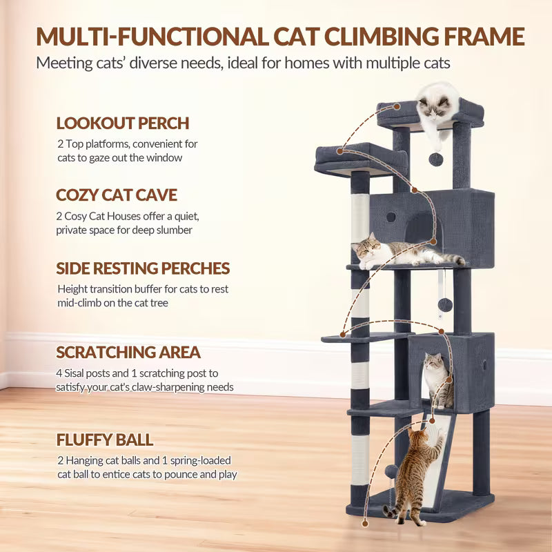 Arbre à chat gris foncé : deux perchoirs, deux niches, plateformes intermédiaires, griffoirs et jouets.
