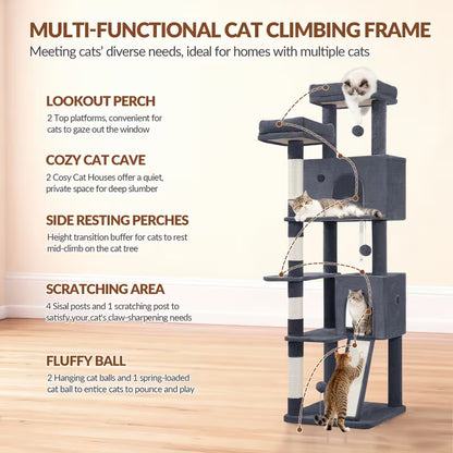  Arbre à chat gris foncé : deux perchoirs, deux niches, plateformes intermédiaires, griffoirs et jouets.