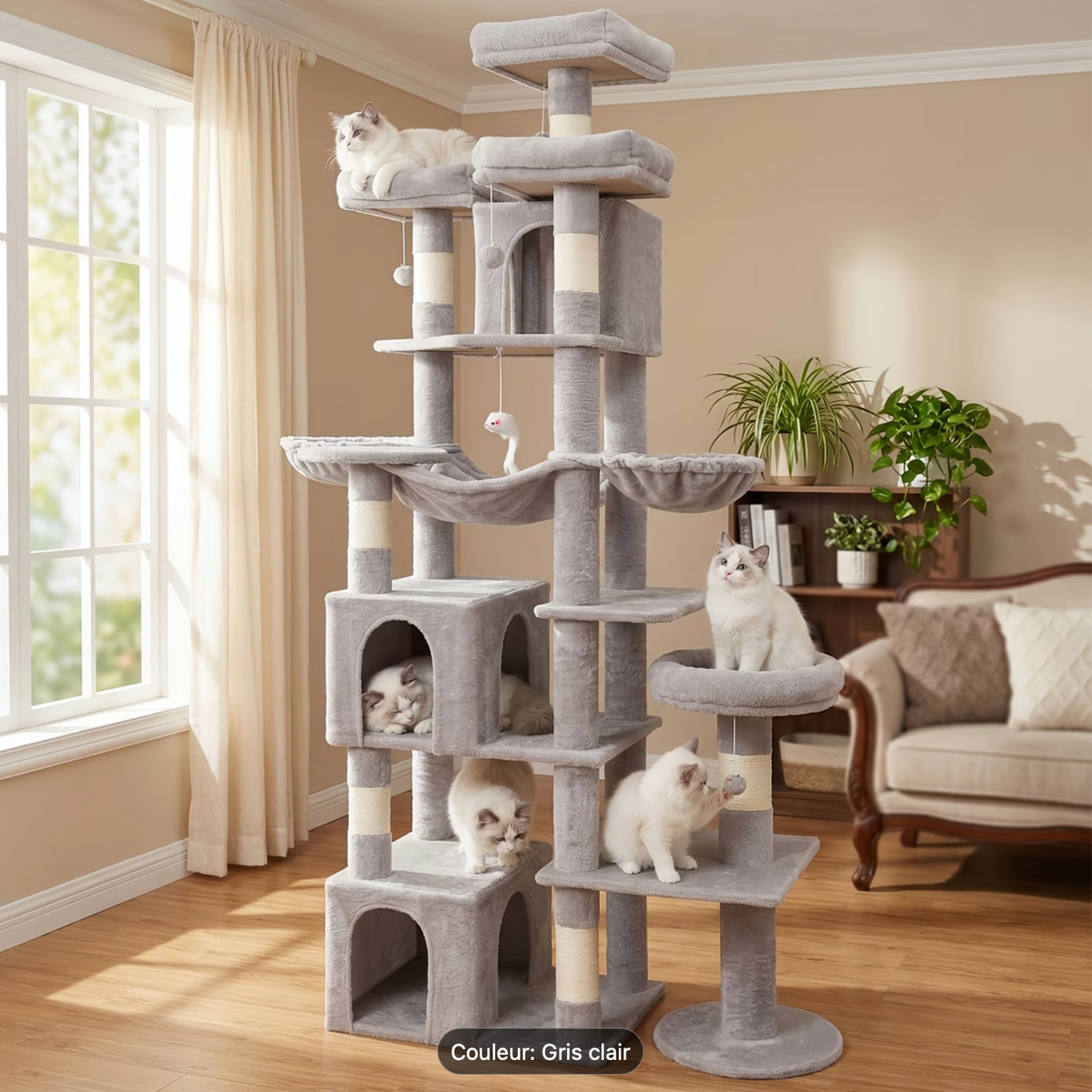 Arbre à chat XXL 217 cm – 3 niches et 2 paniers suspendus