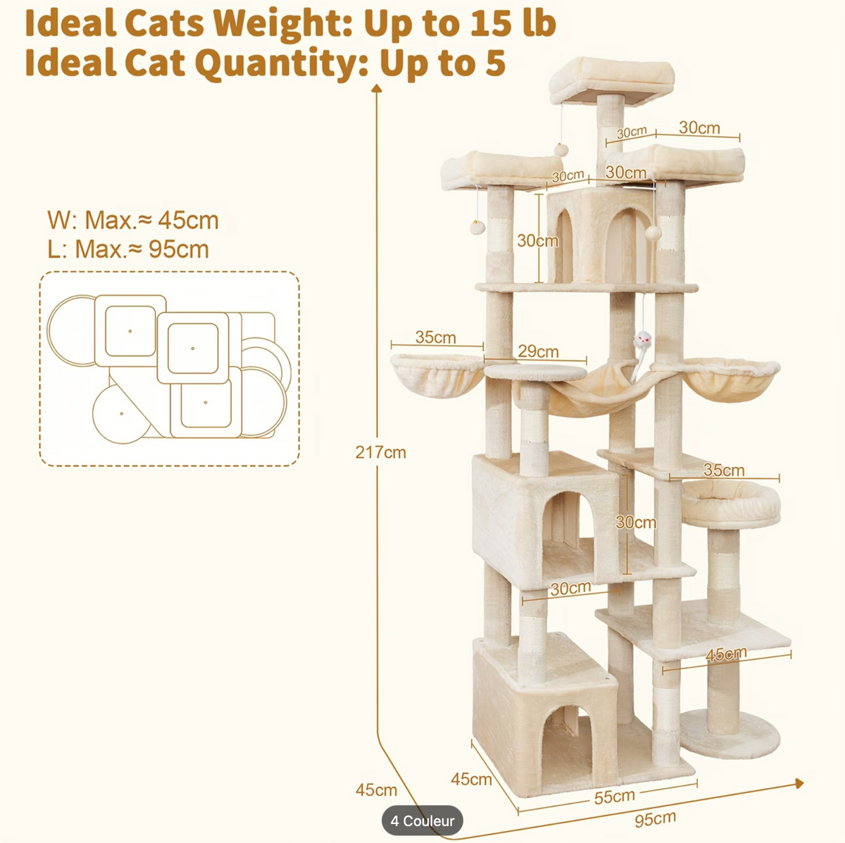 Arbre à chat XXL 217 cm – 3 niches et 2 paniers suspendus