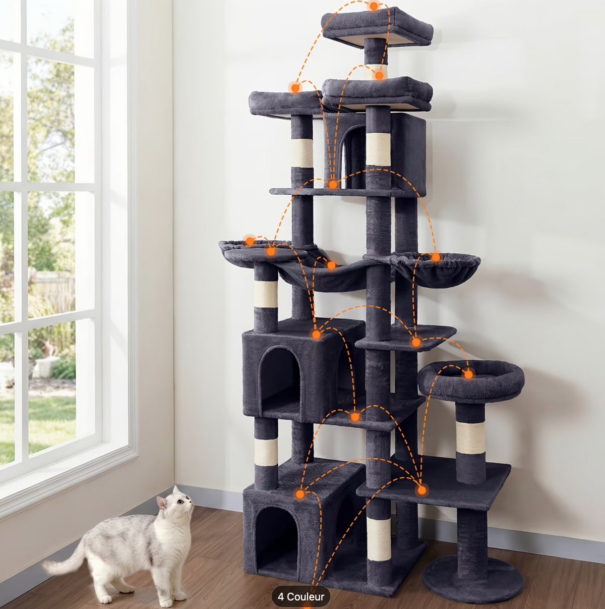 Arbre à chat XXL 217 cm – 3 niches et 2 paniers suspendus