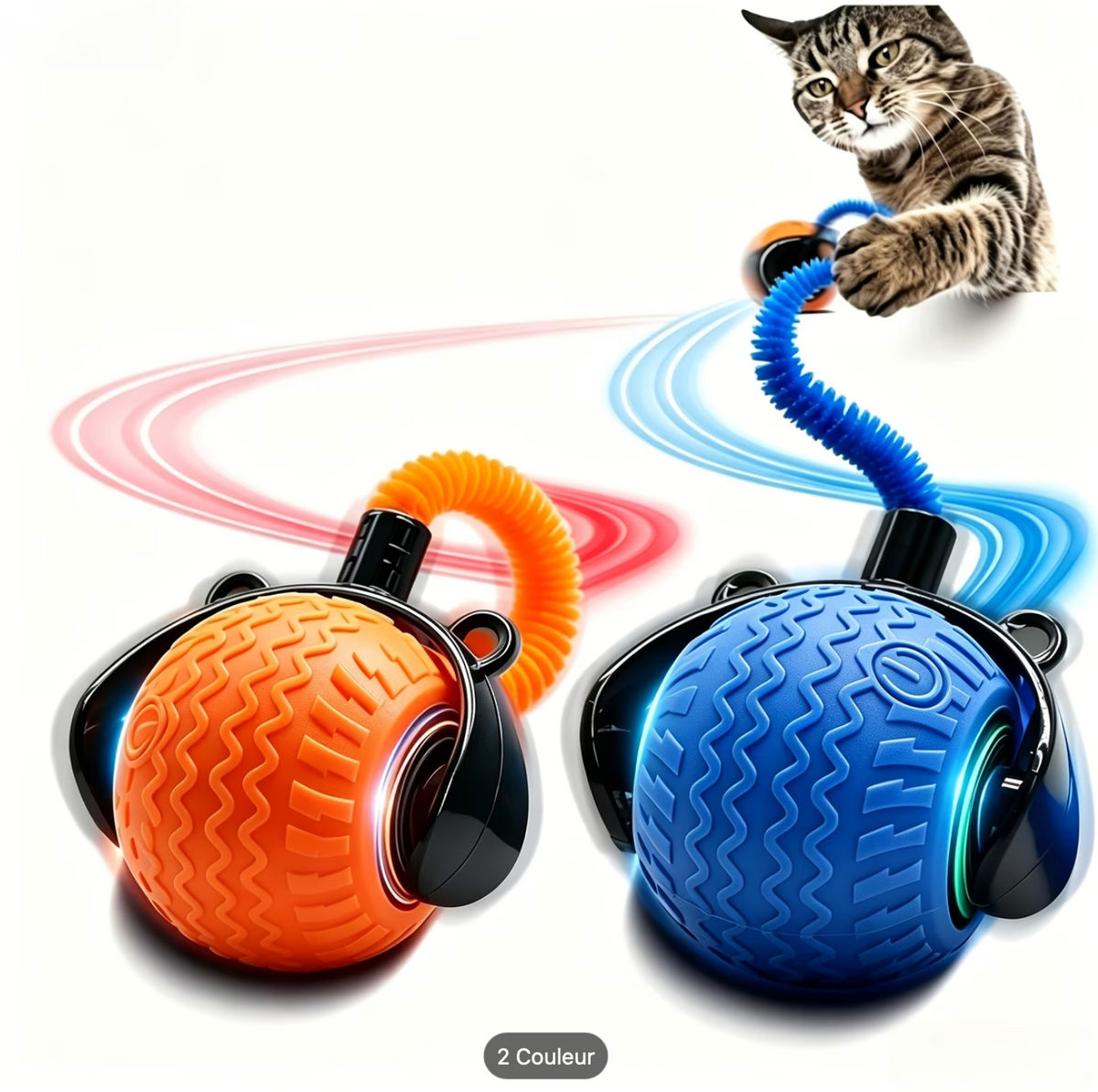 Balle interactive pour chat présentée en orange et en bleu
