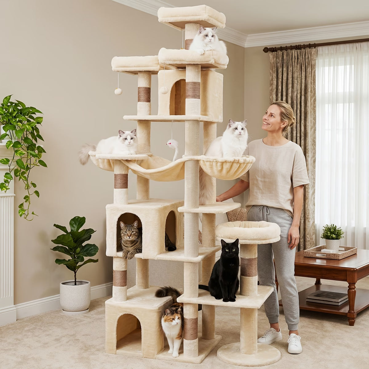 Arbre à chat XXL 217 cm – 3 niches et 2 paniers suspendus